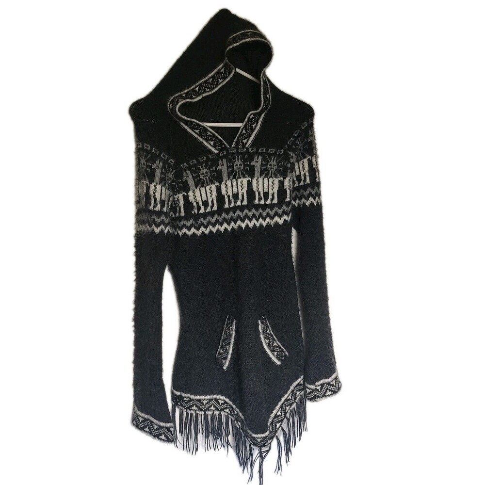 Vintage Alpaca Wool Hoodie Sweater Llama Pattern Blk Gray Fringe Hem Boho Andean